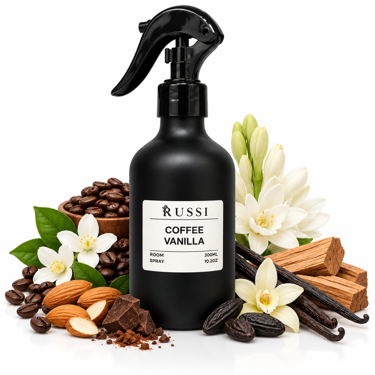 COFFEE VANILLA 300 ml namų ir tekstilės kvapas su kavos, migdolų, jazminų, tuberozos, tonka pupelių, kakavos, vanilės ir sandalmedžio natomis