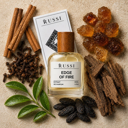 EDGE OF FIRE extrait de parfum with cinnamon, cloves, amber, wood and tonka bean notes