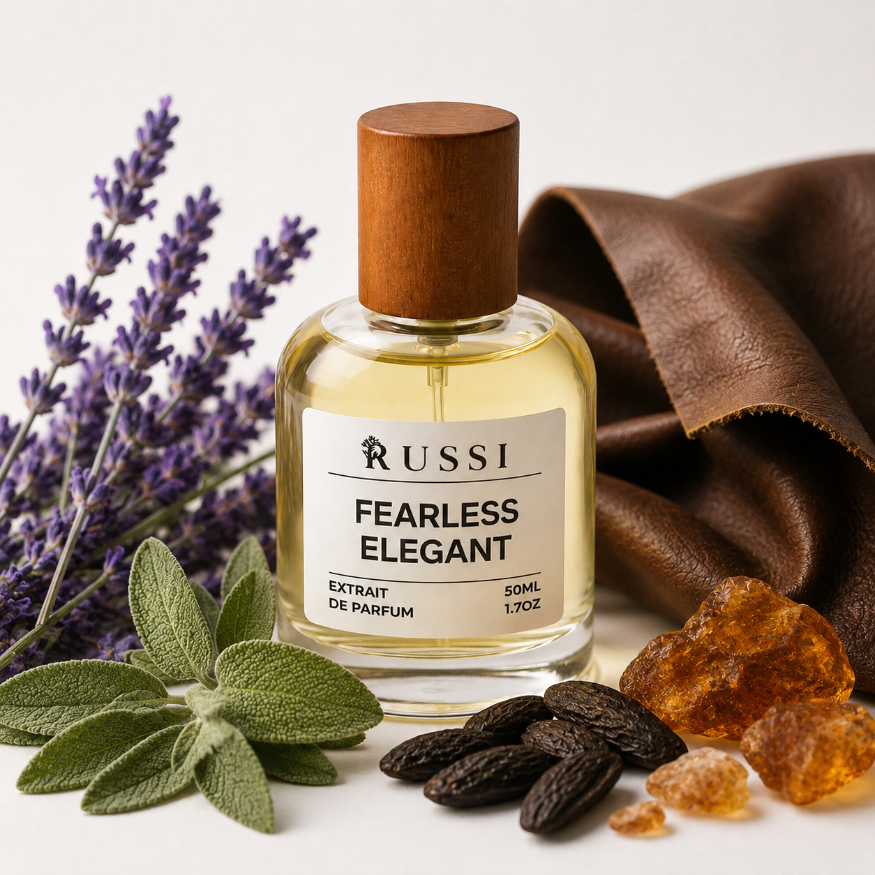 RUSSI Fearless Elegant Extrait de Parfum 50 ml su levandomis, šalaviju, tonka ir gintaro natomis