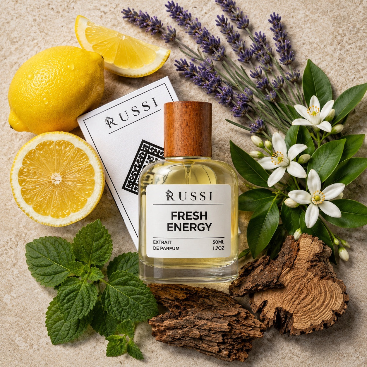 FRESH ENERGY extrait de parfum with lemon, lavender, orange blossom, patchouli and cedar notes