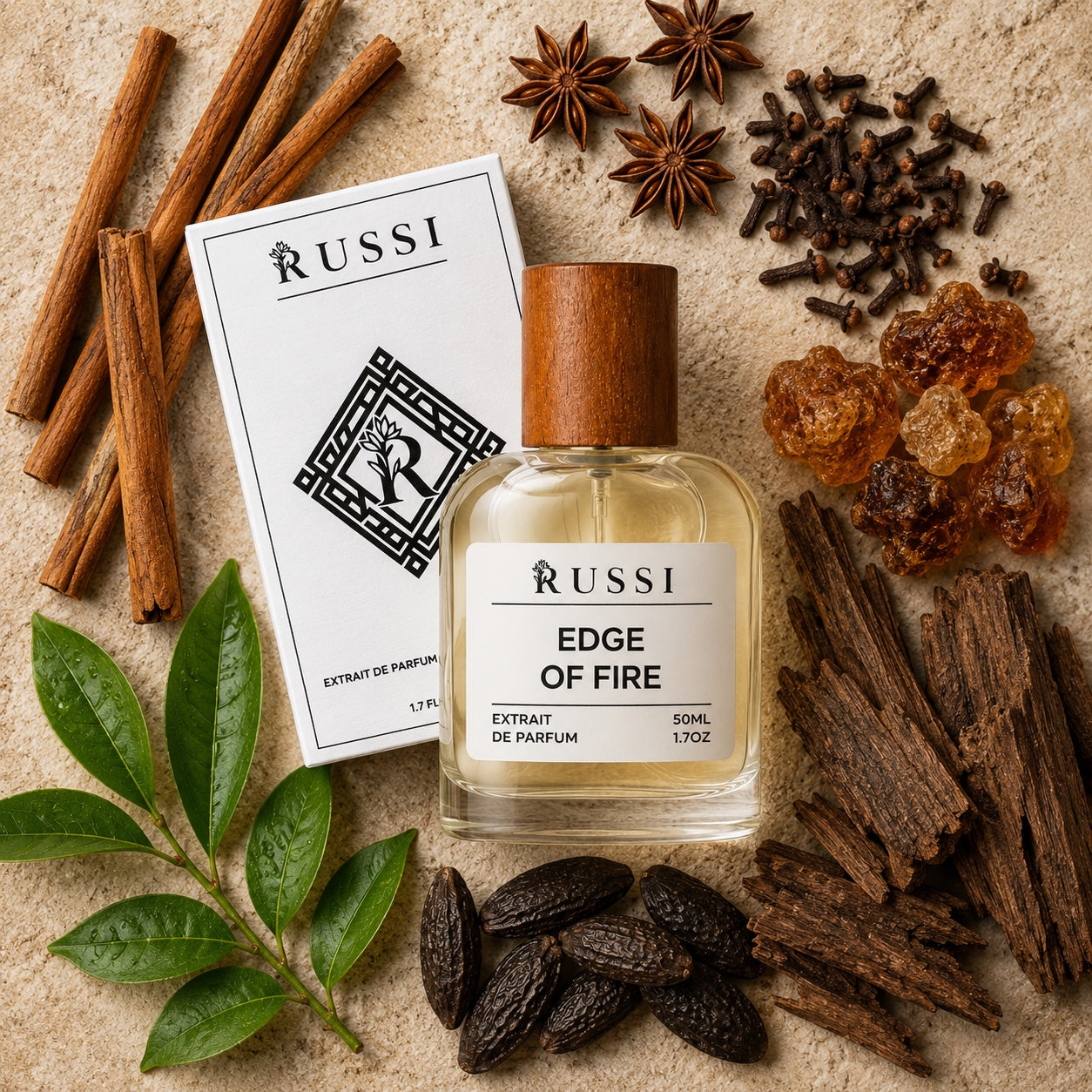 EDGE OF FIRE extrait de parfum with cinnamon, cloves, amber, wood and tonka bean notes