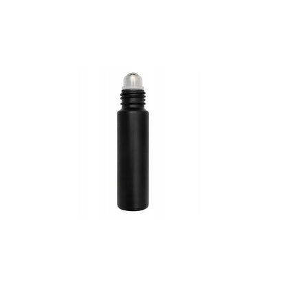 Juodas matinis 10 ml stiklinis roll-on buteliukas su metaliniu rutuliuku