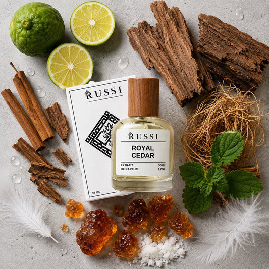ROYAL CEDAR flat lay perfume image