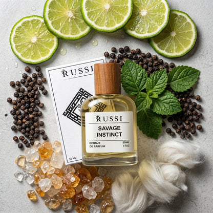 BERGAMOTĖ LEVANDA AMBROKSANAS kvepalai Russi Savage Instinct instinktas kitaip 50ml su natūraliais ingredientais