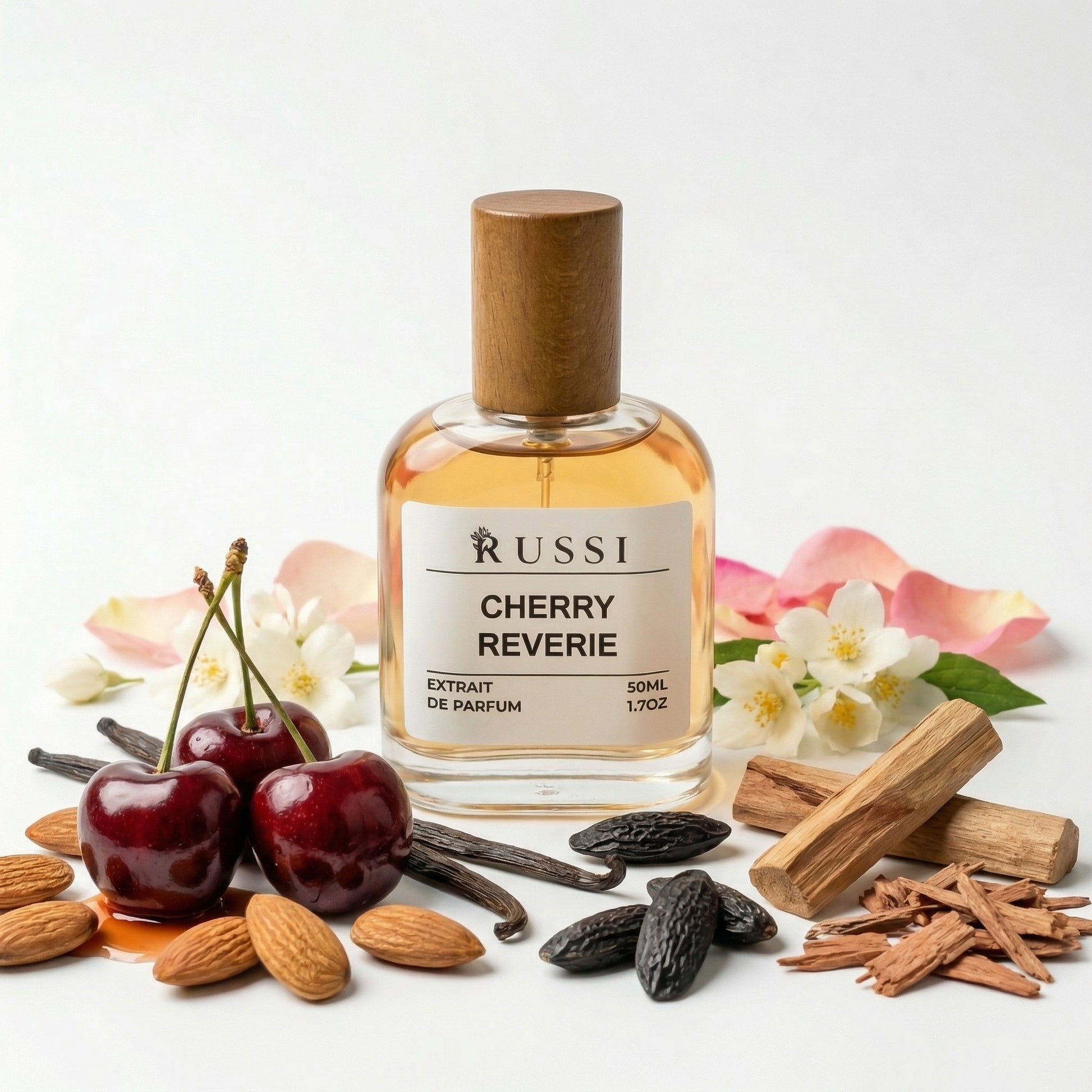 Vyšnia, karčiųjų migdolų ir vanilės kvapo moto svajonė kvepalų buteliukas su natūraliais ingredientais