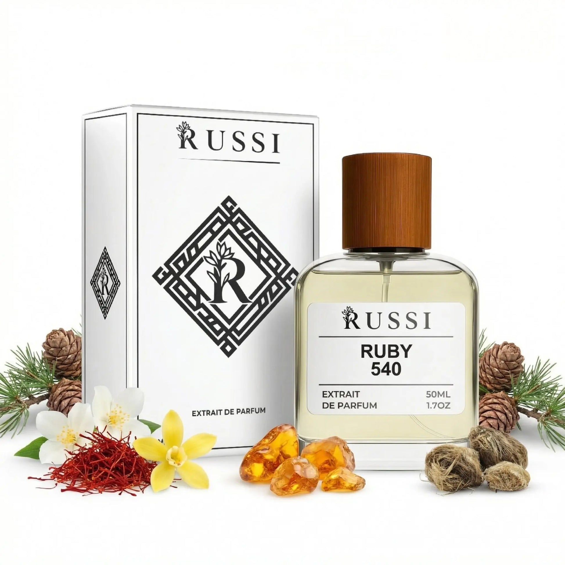 Russi RUBY 540 kvepalai su šafrano, gintaro ir medienos natomis, 50 ml buteliukas ir dėžutė