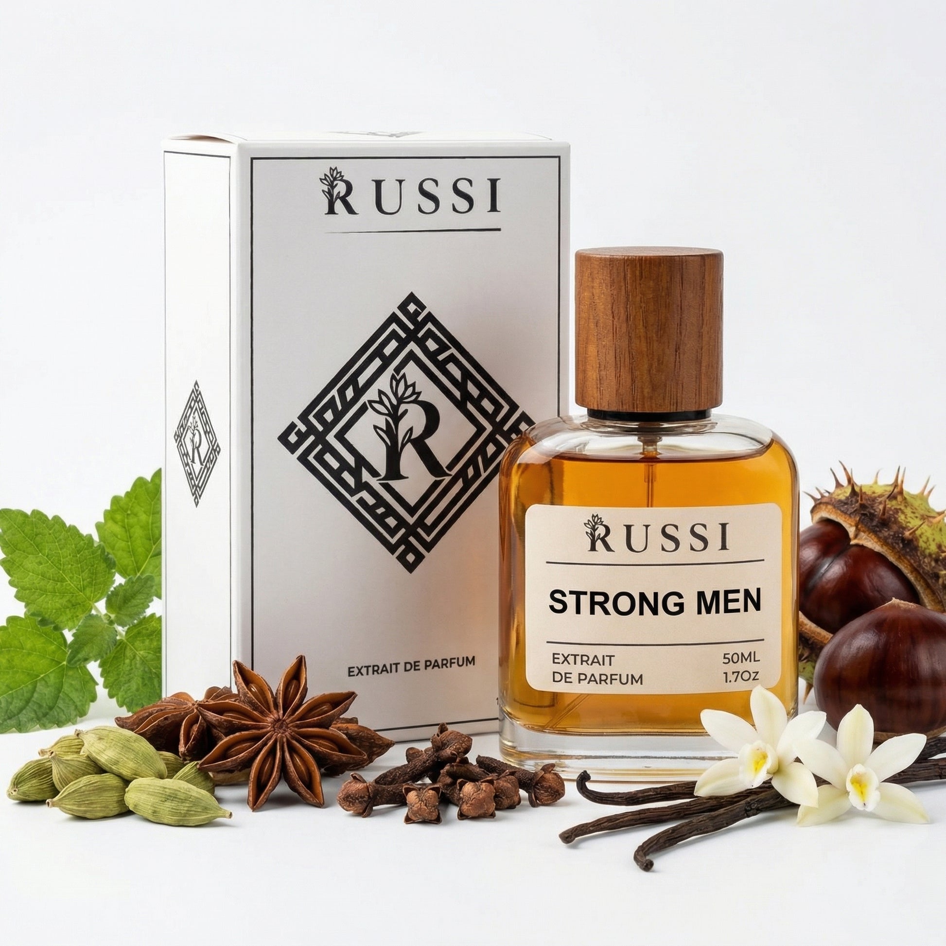 Kvepalai Russi Strong Men su vejo stiprumas kvapu, kardamonu, kaštonu ir vanile 50 ml buteliuke