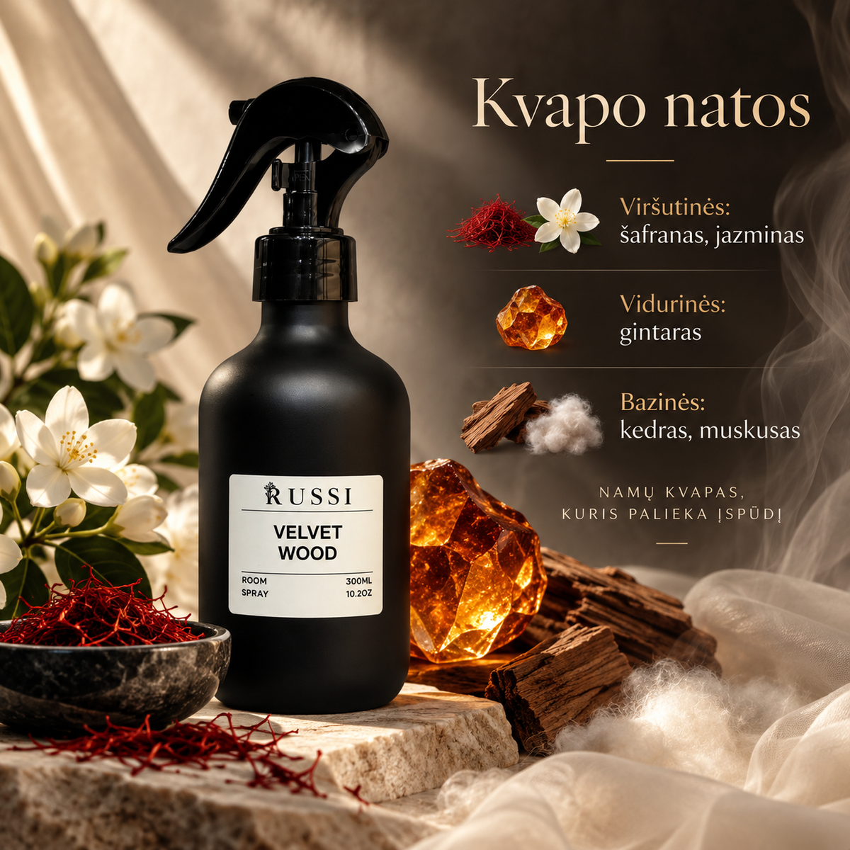 VELVET WOOD kvapo natos – šafranas, jazminas, gintaras, kedras, muskusas